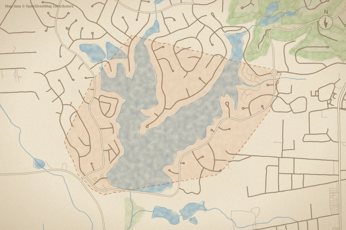 Watercolor map of Unit 13 in Pinehurst, NC, showing its streets, water and surroundings