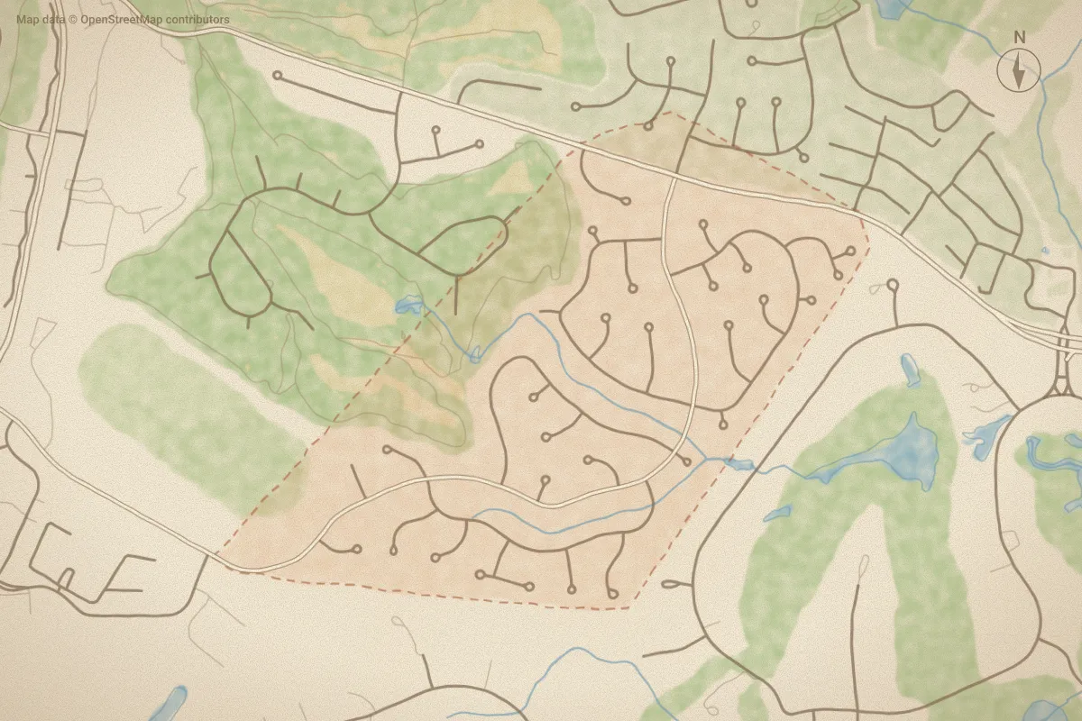 Watercolor map of Unit 8 in Pinehurst, NC, showing its streets, water and surroundings
