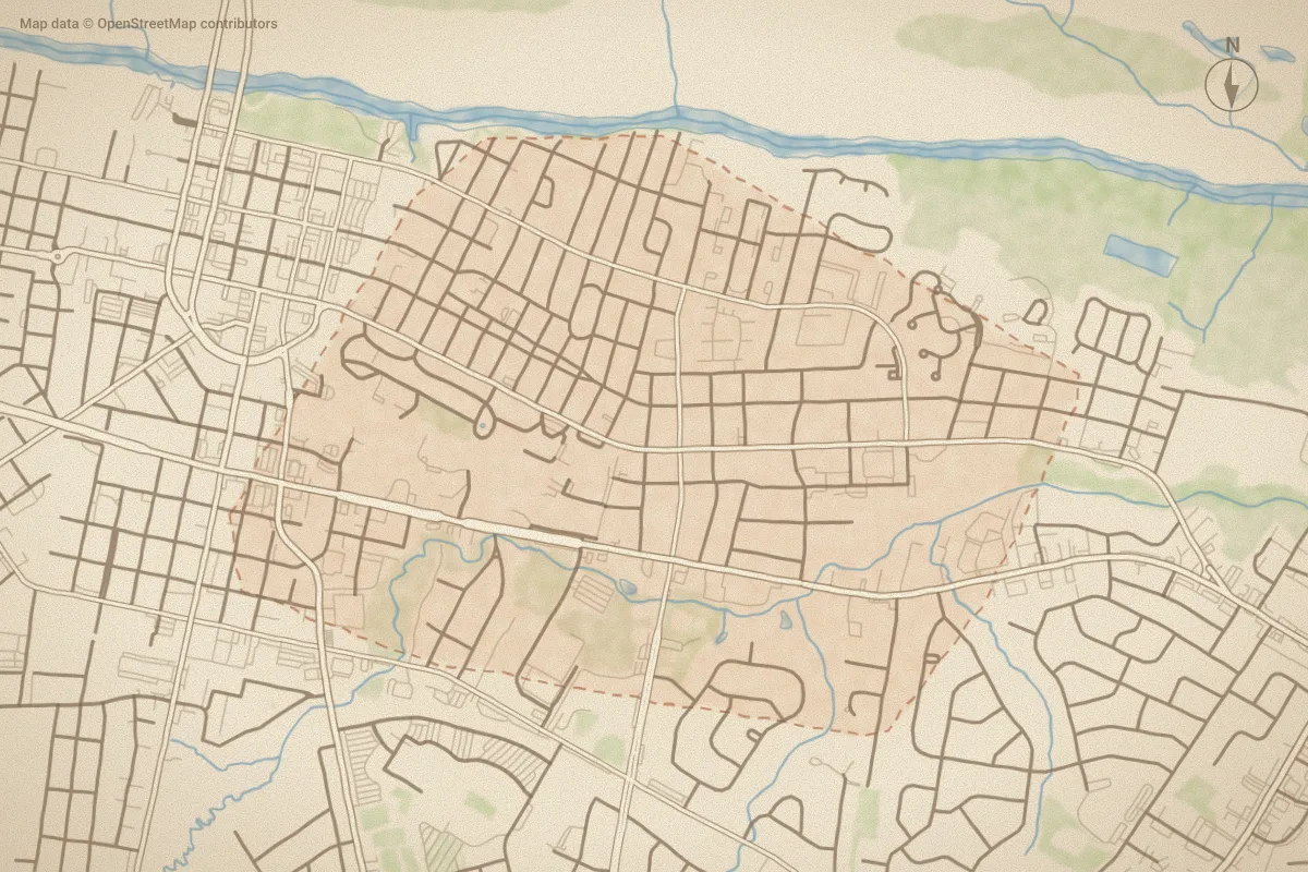 Watercolor map of University in Greenville, NC, showing its streets, water and surroundings