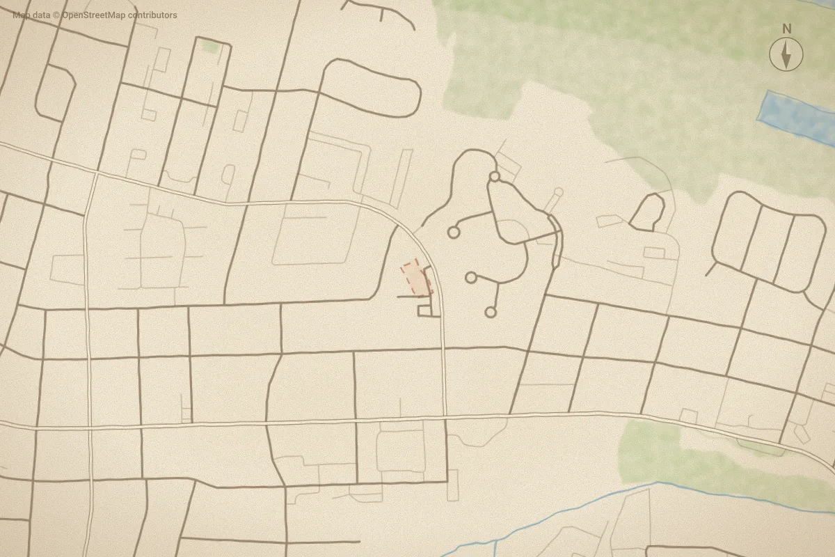 Watercolor map of University Terrace Condominium in Greenville, NC, showing its streets, water and surroundings