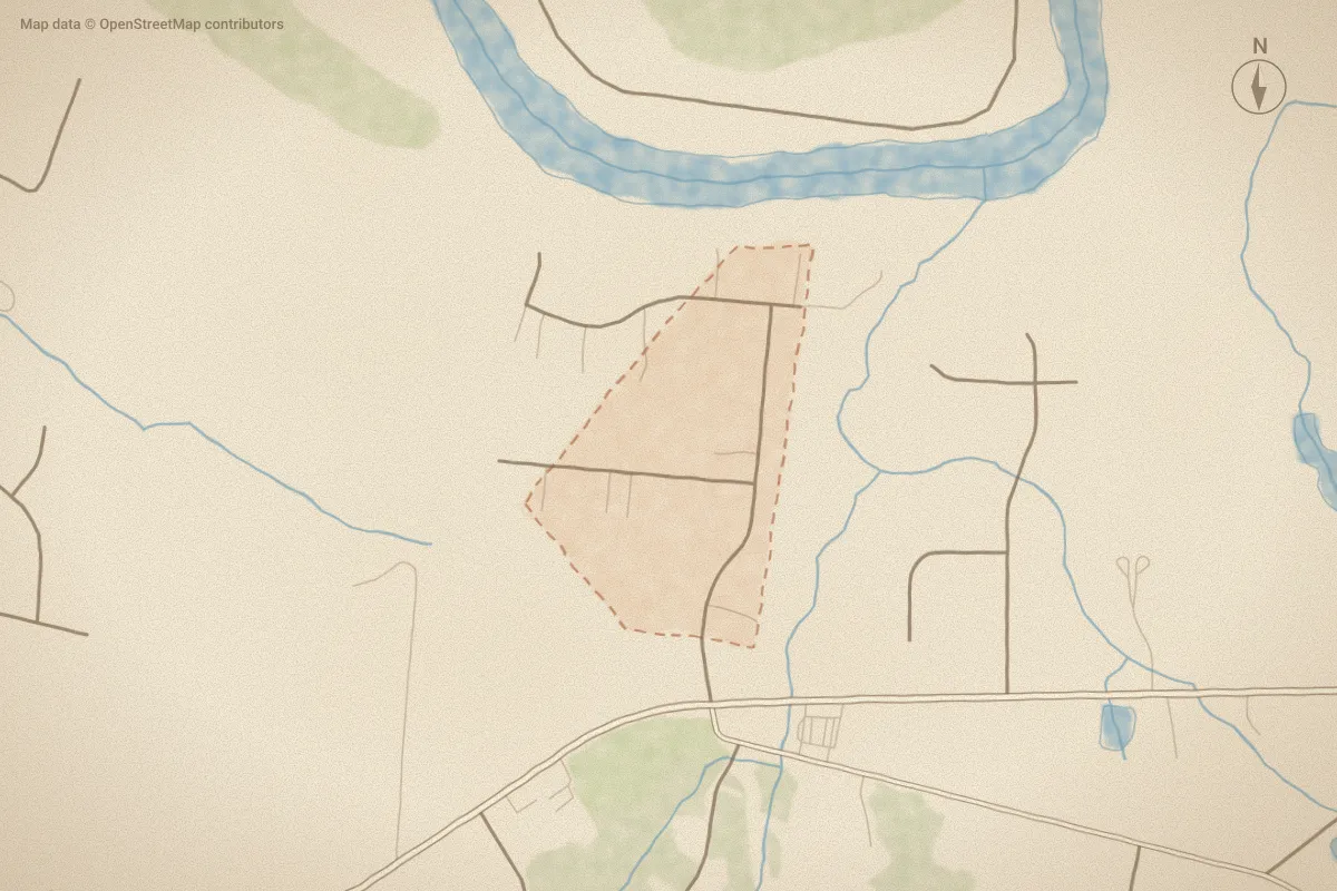 Watercolor map of Valley Landing in Greenville, NC, showing its streets, water and surroundings