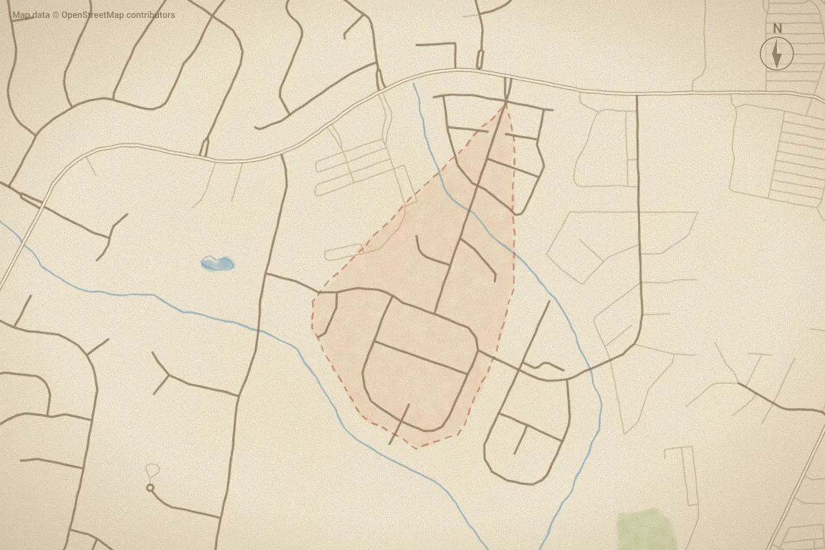 Watercolor map of Vancroft in Winterville, NC, showing its streets, water and surroundings