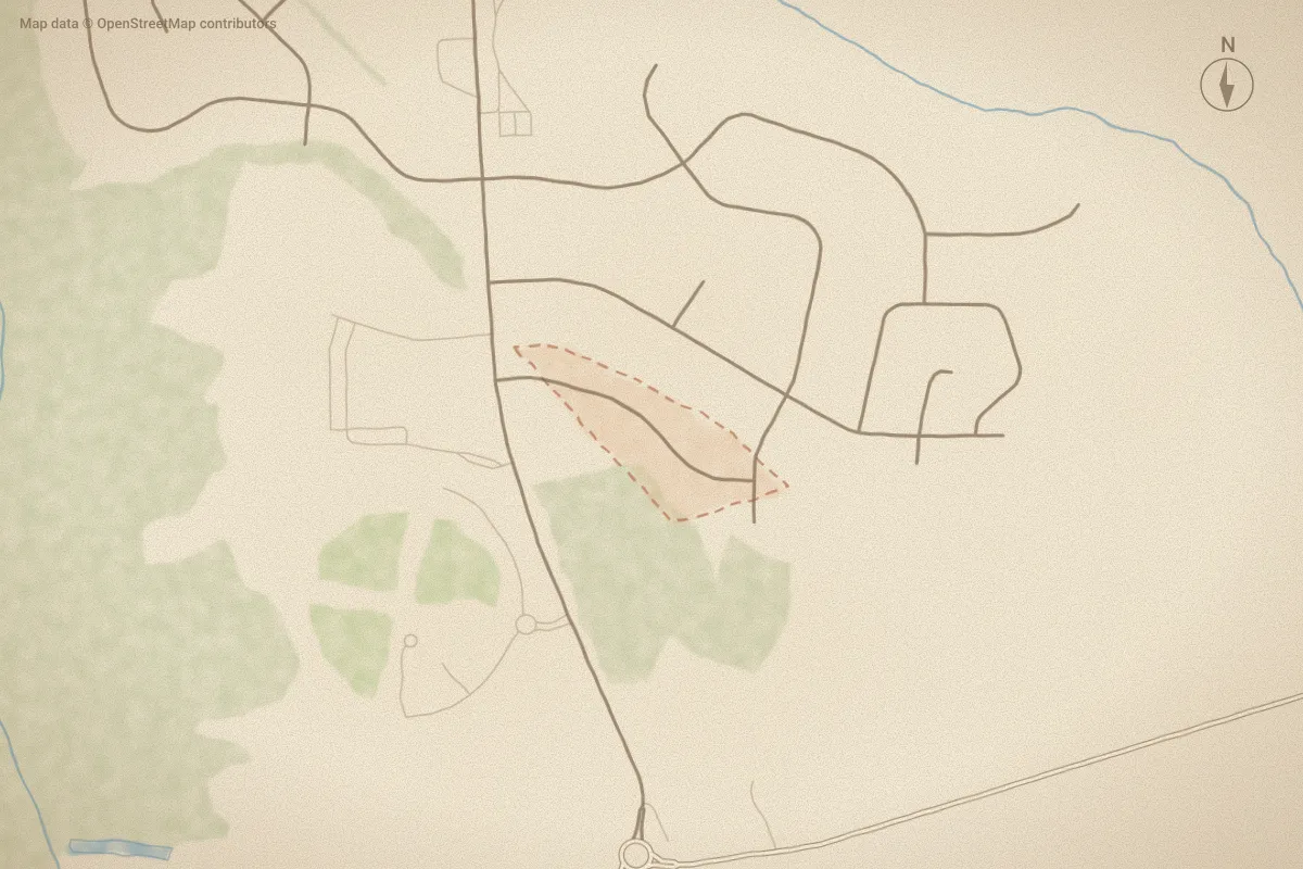 Watercolor map of Vicksburg in Winterville, NC, showing its streets, water and surroundings