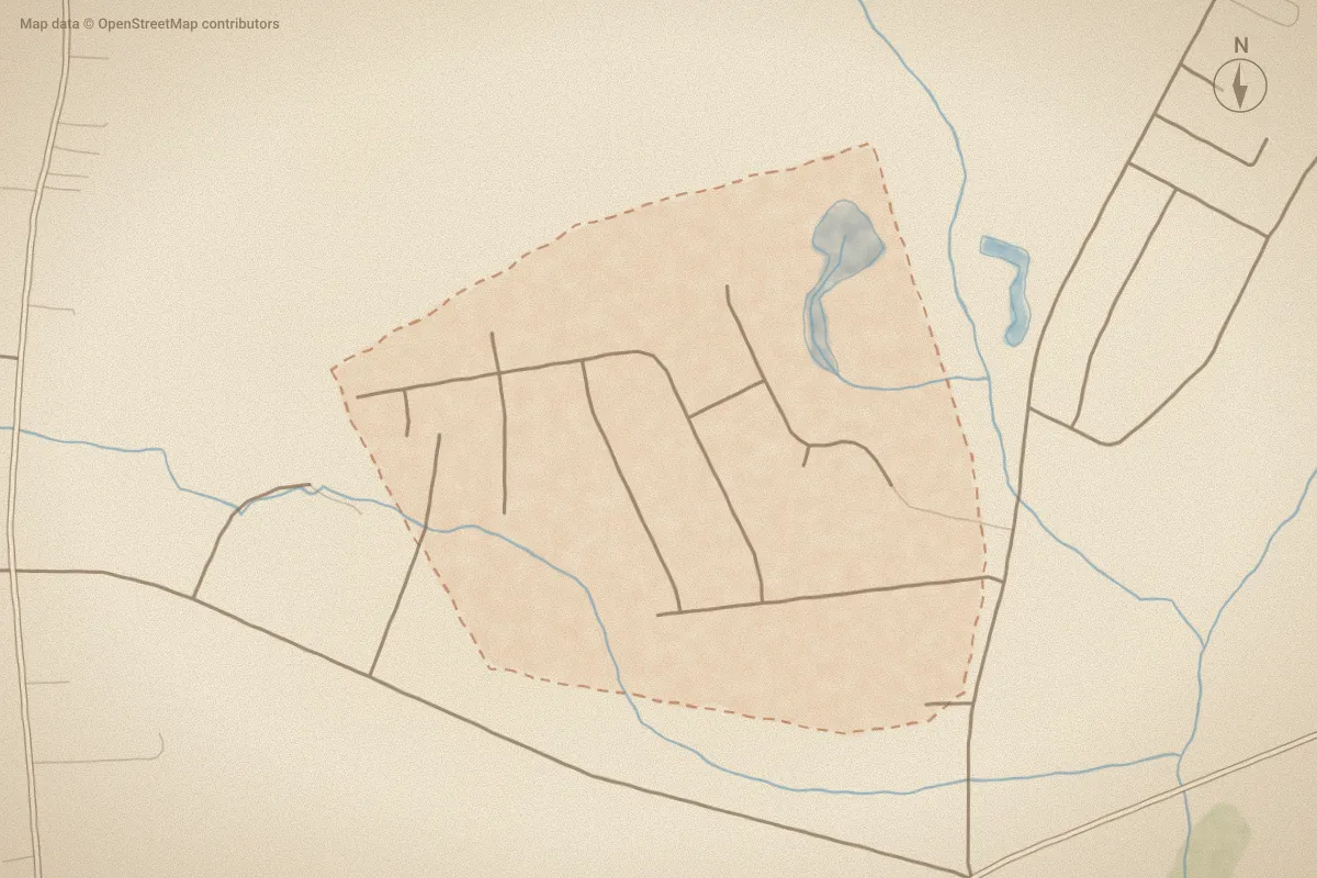 Watercolor map of Villa Grande in Winterville, NC, showing its streets, water and surroundings