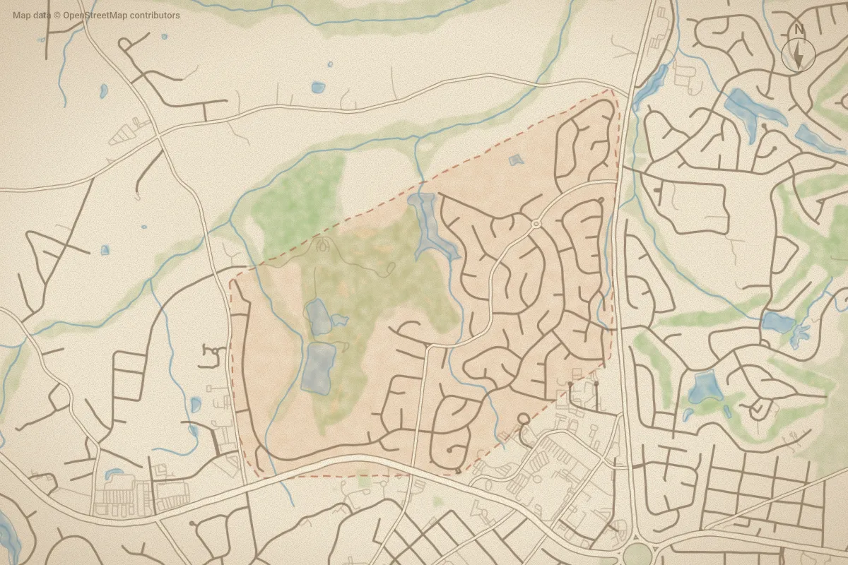 Watercolor map of Village Acres in Pinehurst, NC, showing its streets, water and surroundings