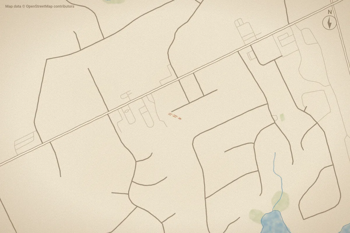 Watercolor map of Village at Magens Bay in Swansboro, NC, showing its streets, water and surroundings