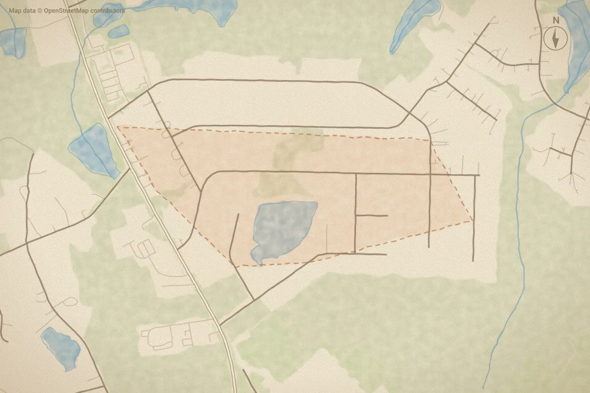 Watercolor map of Village at The Blue Farm in Southern Pines, NC, showing its streets, water and surroundings