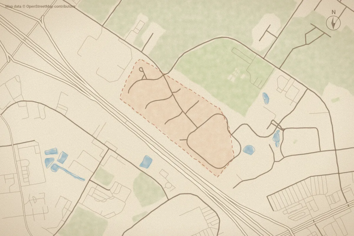 Watercolor map of Village Woods in New Bern, NC, showing its streets, water and surroundings