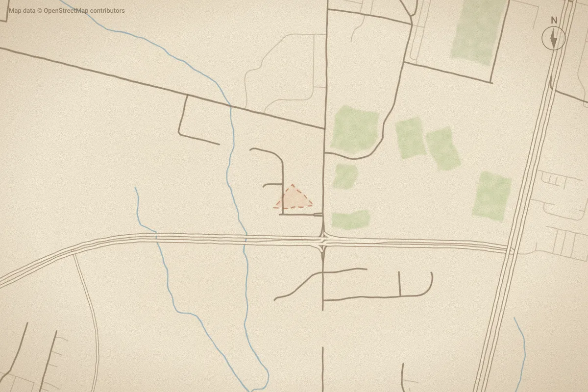 Watercolor map of Villas at Wesleyan in Rocky Mount, NC, showing its streets, water and surroundings