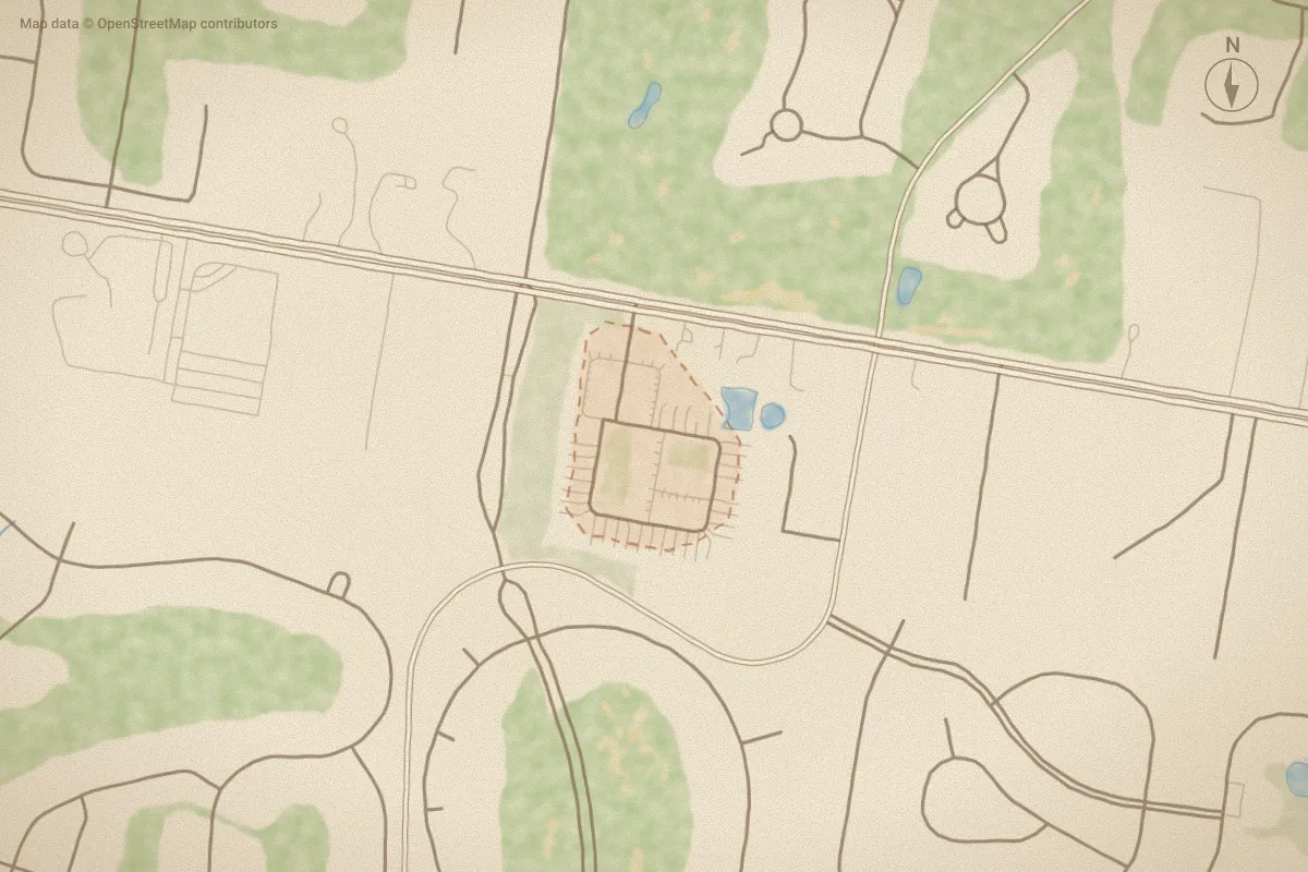 Watercolor map of Walker Station in Southern Pines, NC, showing its streets, water and surroundings