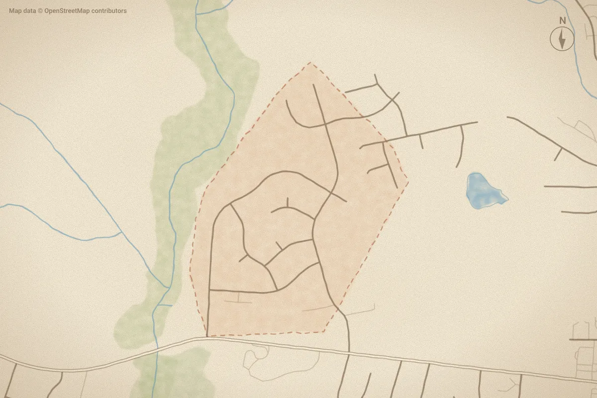 Watercolor map of Walkers Trace in Wilson, NC, showing its streets, water and surroundings