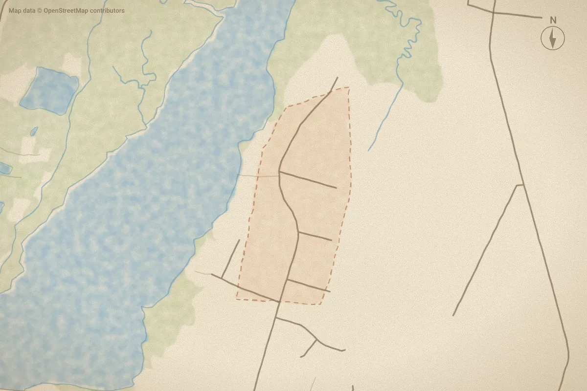 Watercolor map of Wards Creek Plantation in Beaufort, NC, showing its streets, water and surroundings
