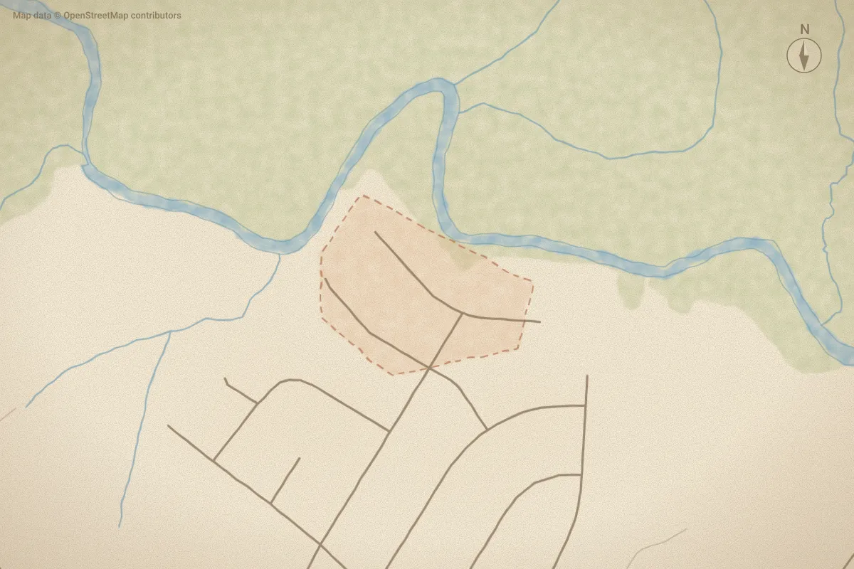 Watercolor map of Wards Landing in Newport, NC, showing its streets, water and surroundings