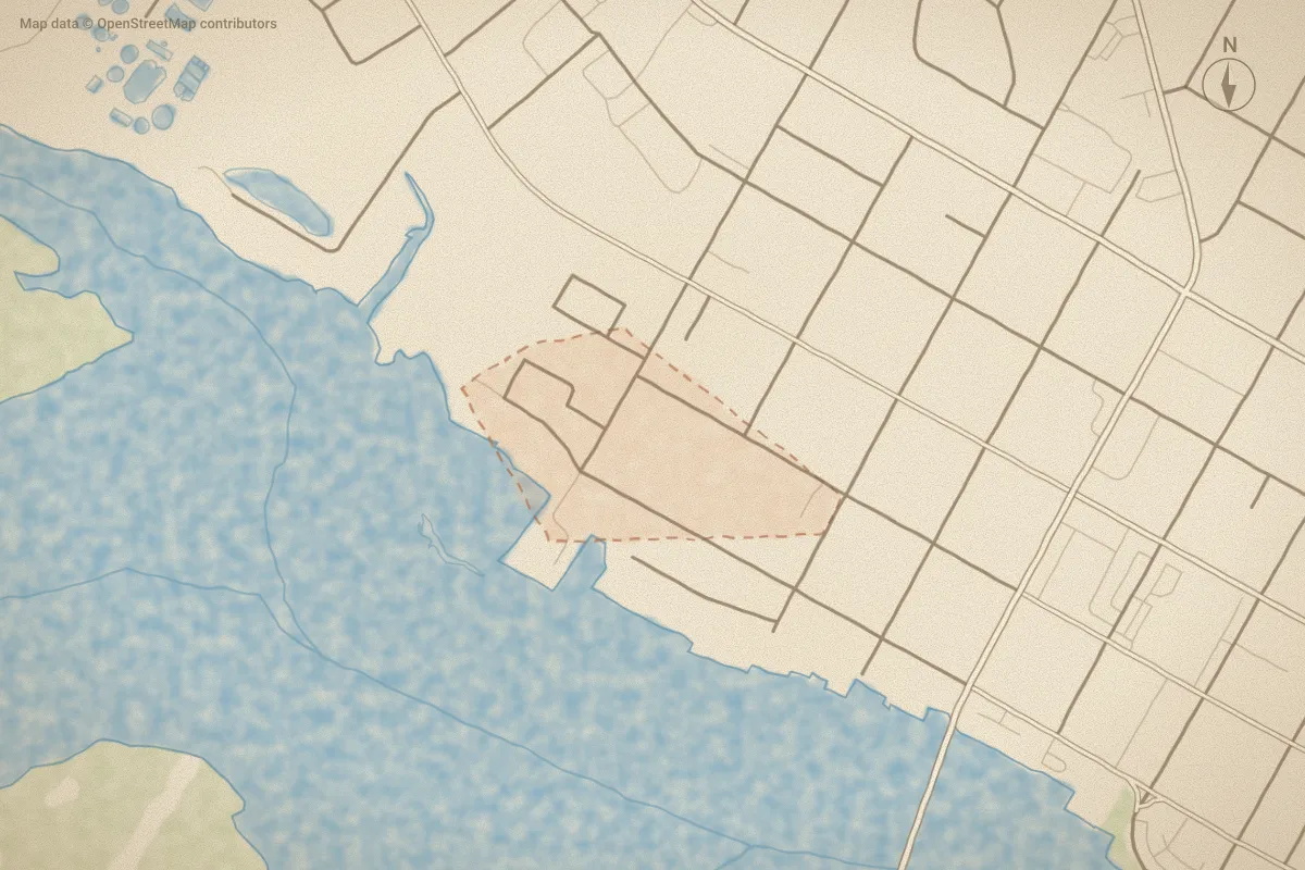Watercolor map of Washington Harbour in Washington, NC, showing its streets, water and surroundings