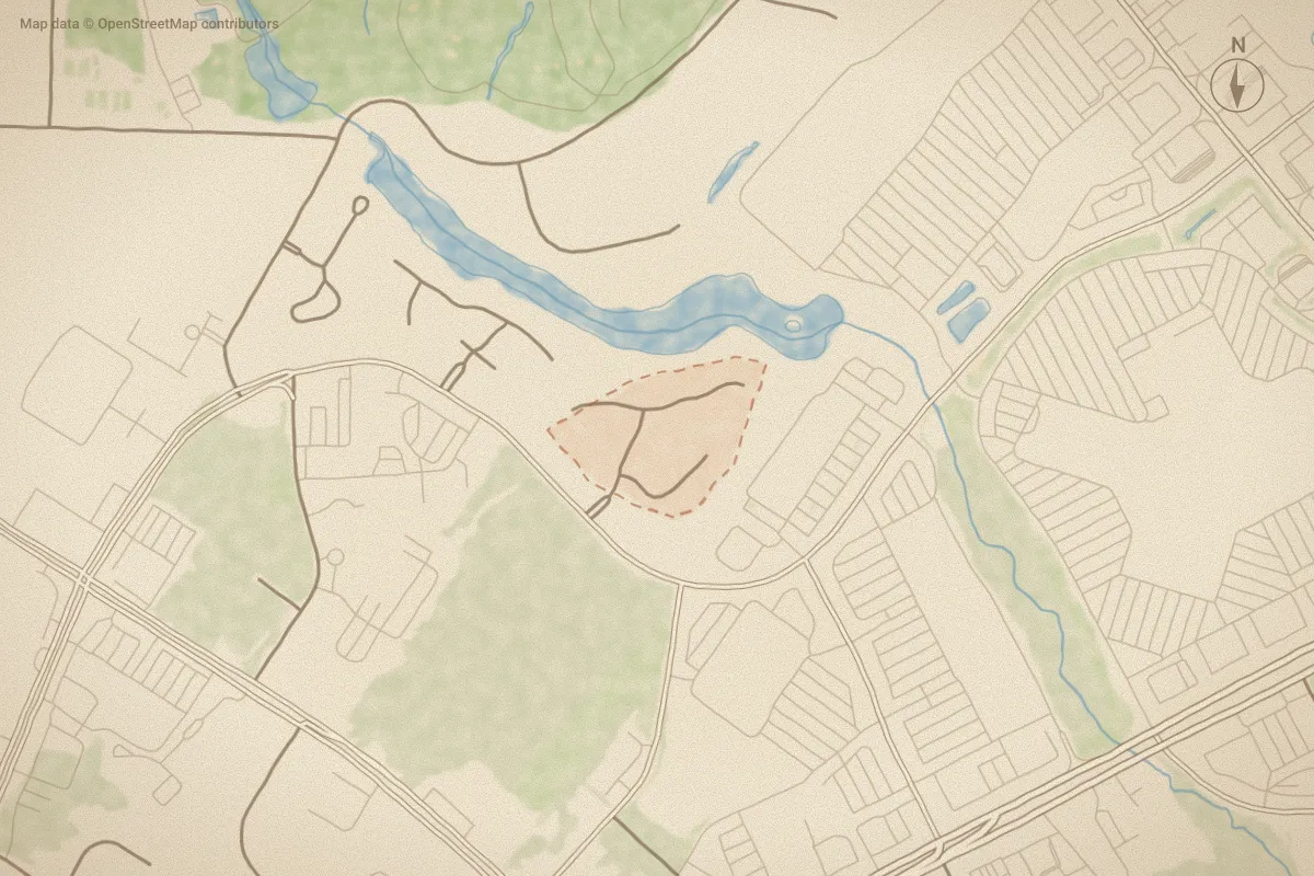 Watercolor map of Waterford in Rocky Mount, NC, showing its streets, water and surroundings