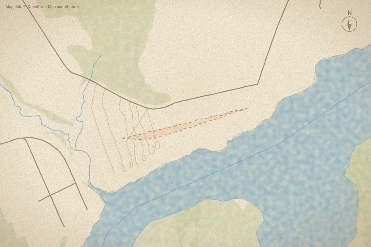 Watercolor map of Waterways Edge in Havelock, NC, showing its streets, water and surroundings