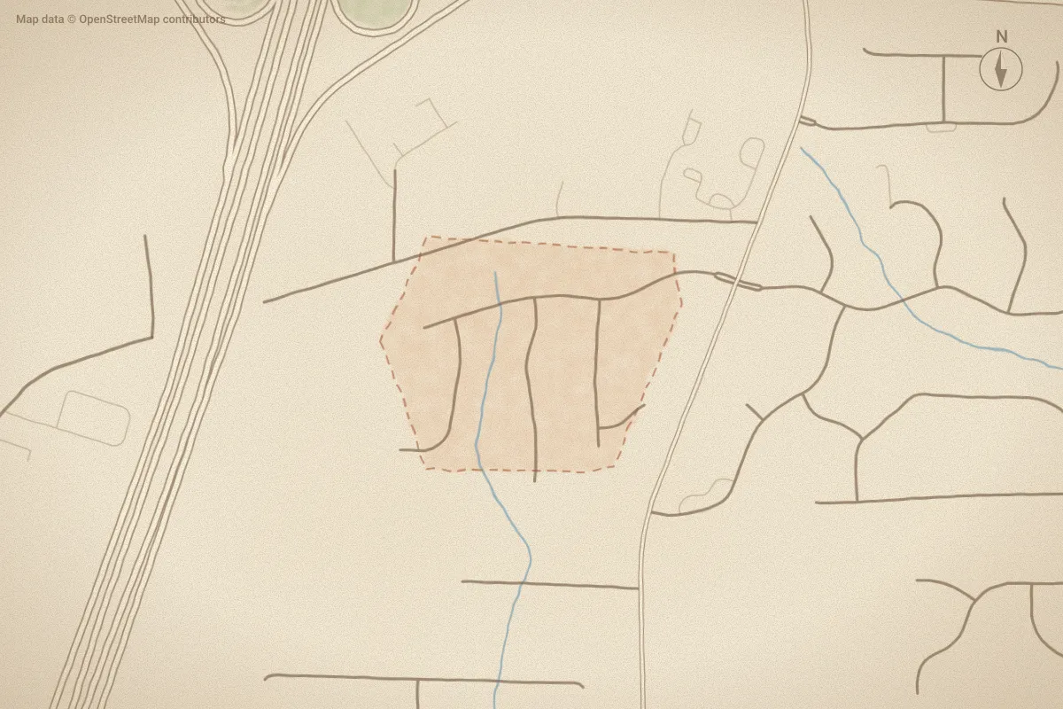 Watercolor map of Wedgewood Commons in Rocky Mount, NC, showing its streets, water and surroundings
