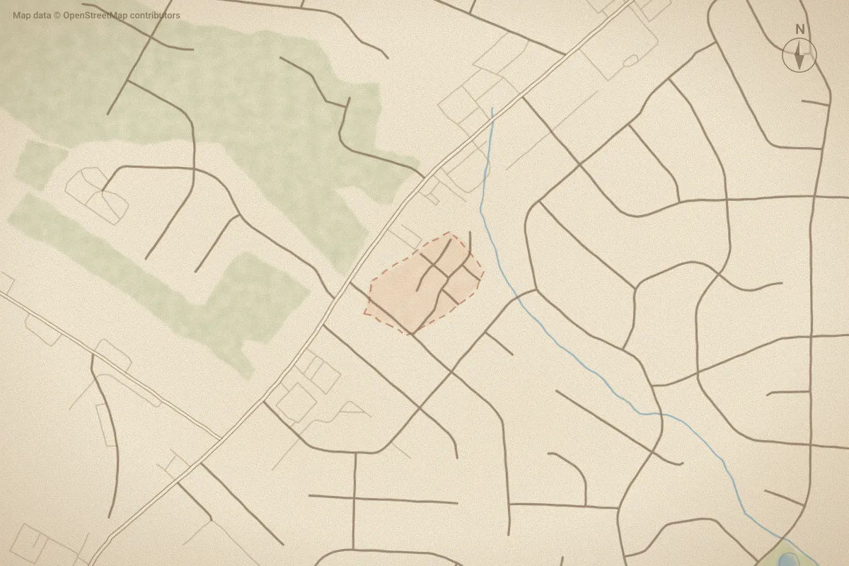 Watercolor map of Wescott Village in Wilson, NC, showing its streets, water and surroundings