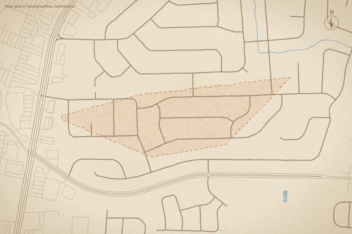 Watercolor map of West Haven in Greenville, NC, showing its streets, water and surroundings