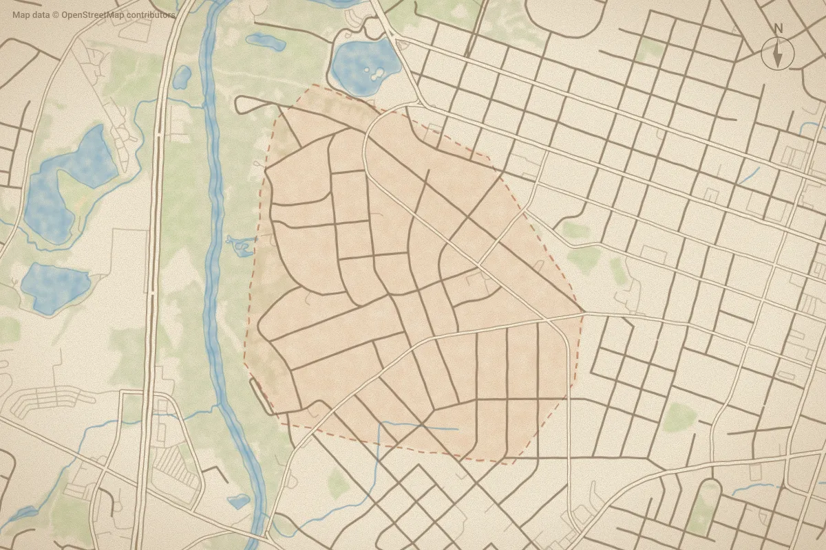 Watercolor map of West Haven in Rocky Mount, NC, showing its streets, water and surroundings