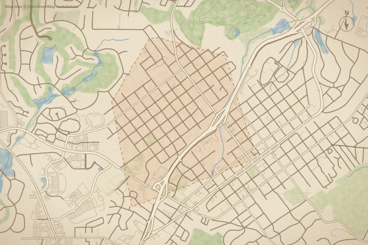 Watercolor map of West Southern P in Southern Pines, NC, showing its streets, water and surroundings