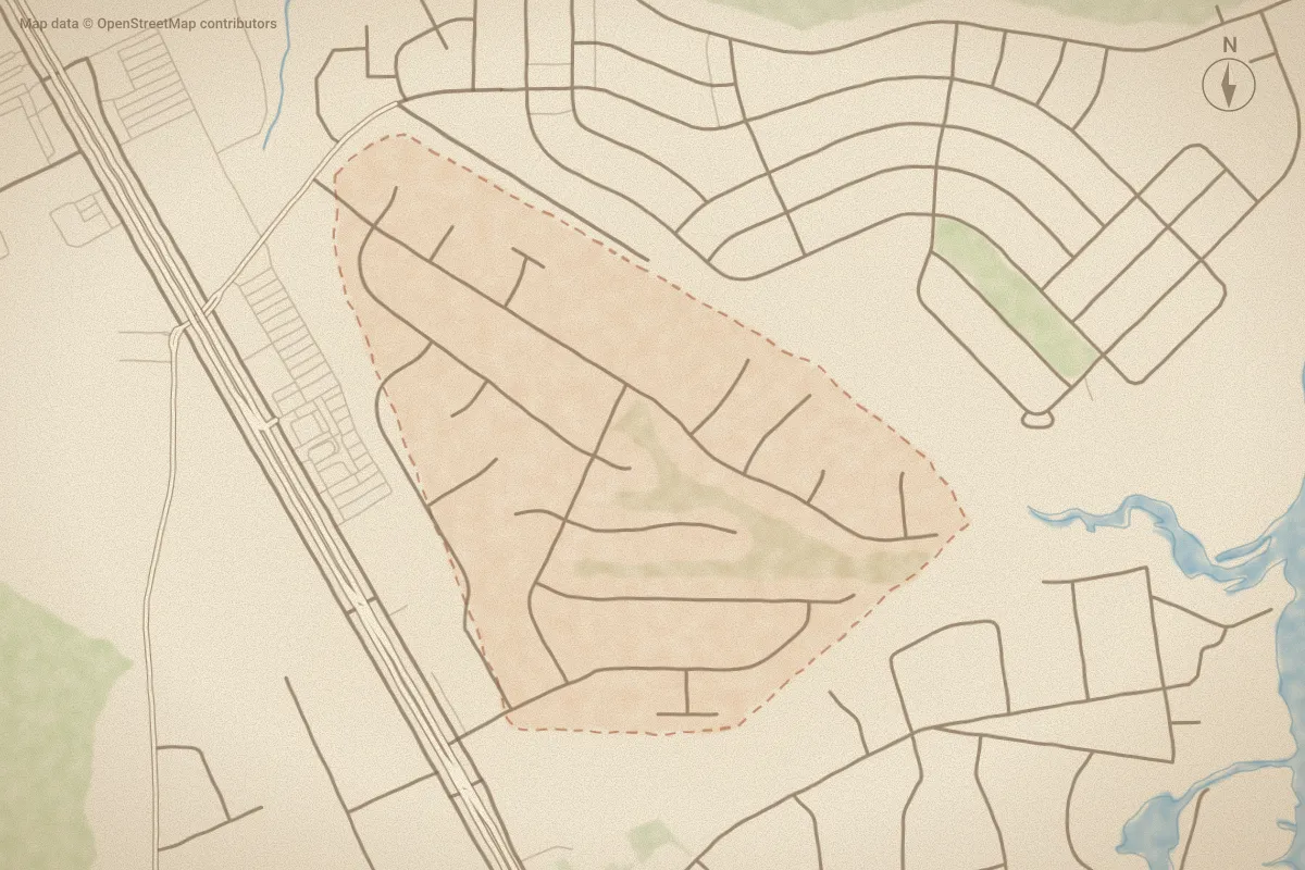 Watercolor map of Westbrooke in Havelock, NC, showing its streets, water and surroundings