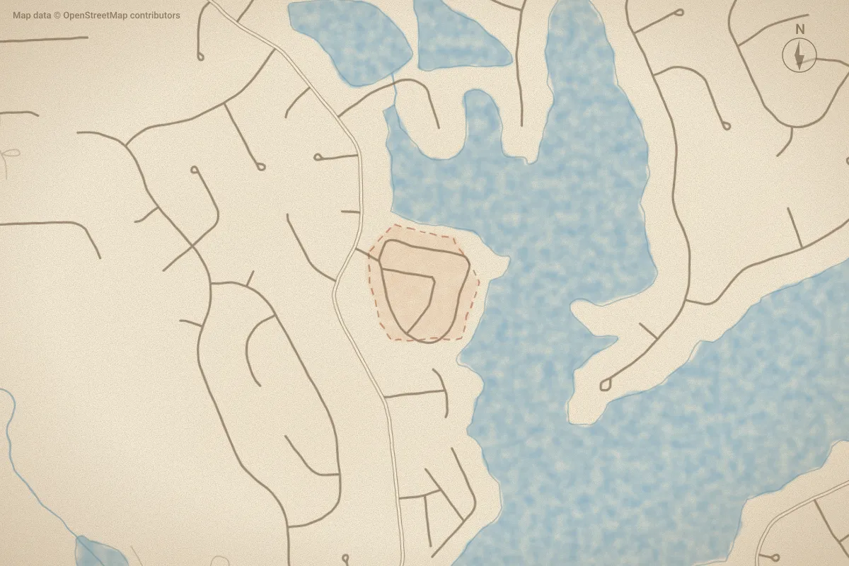 Watercolor map of Westlake Pointe in Pinehurst, NC, showing its streets, water and surroundings