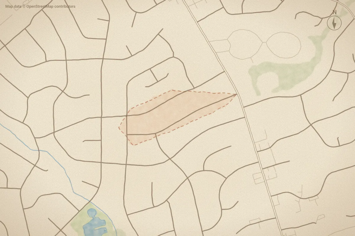 Watercolor map of Westmoreland in Wilson, NC, showing its streets, water and surroundings