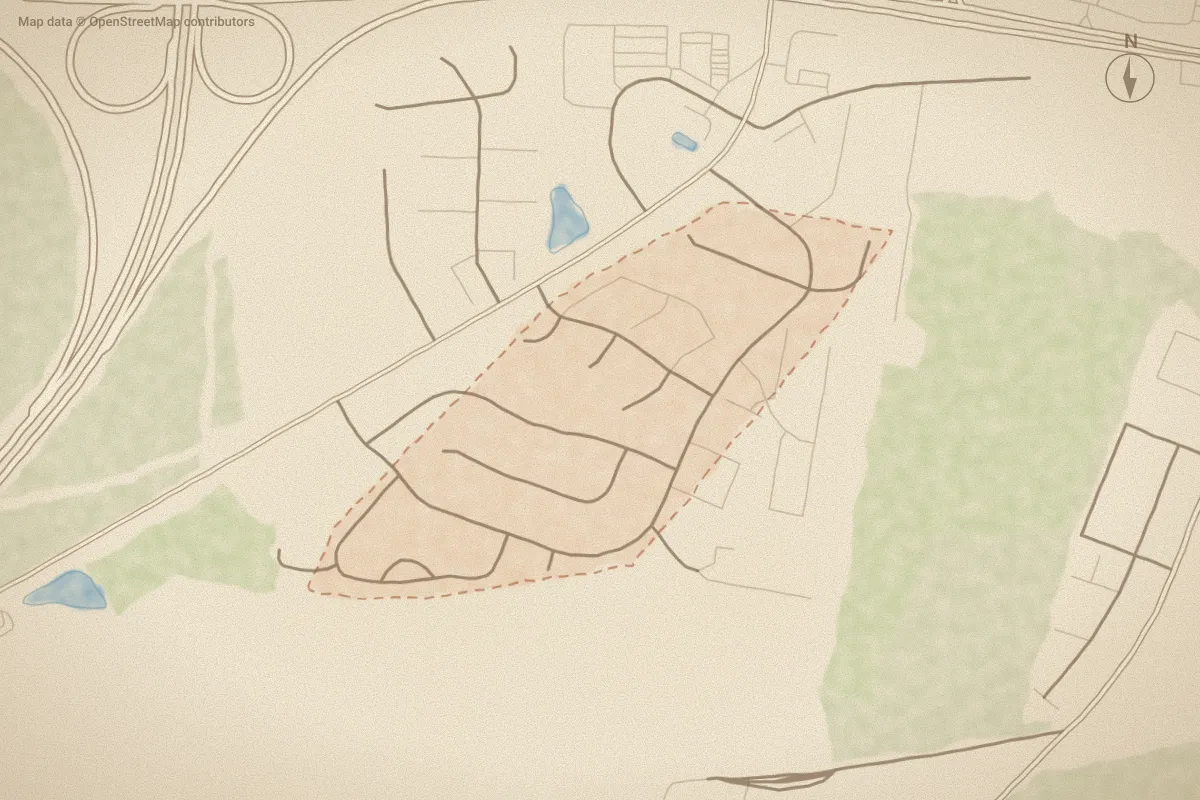 Watercolor map of Westpointe in Greenville, NC, showing its streets, water and surroundings