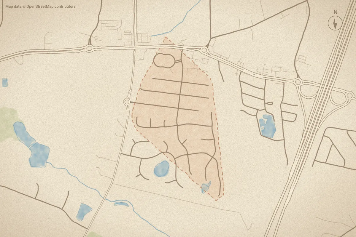 Watercolor map of Westry Crossing in Rocky Mount, NC, showing its streets, water and surroundings