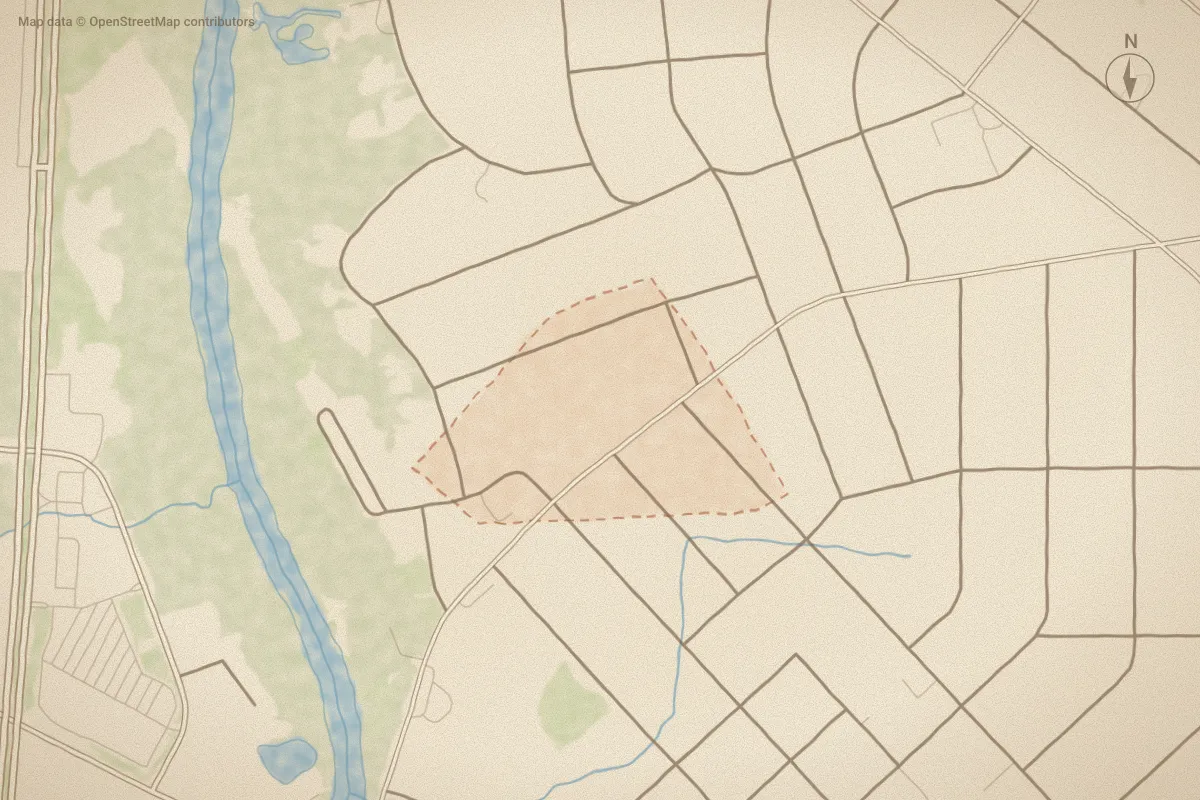 Watercolor map of Westwood in Rocky Mount, NC, showing its streets, water and surroundings