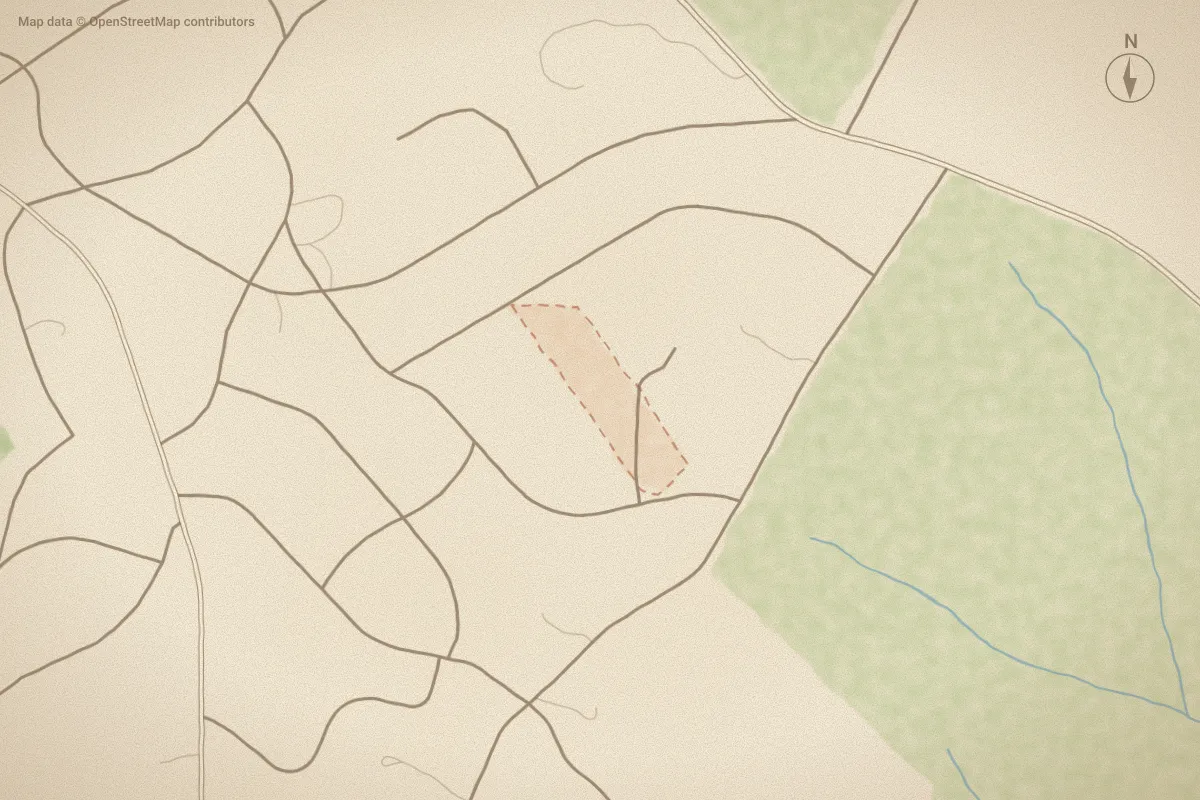 Watercolor map of Weymouth Ridge in Southern Pines, NC, showing its streets, water and surroundings