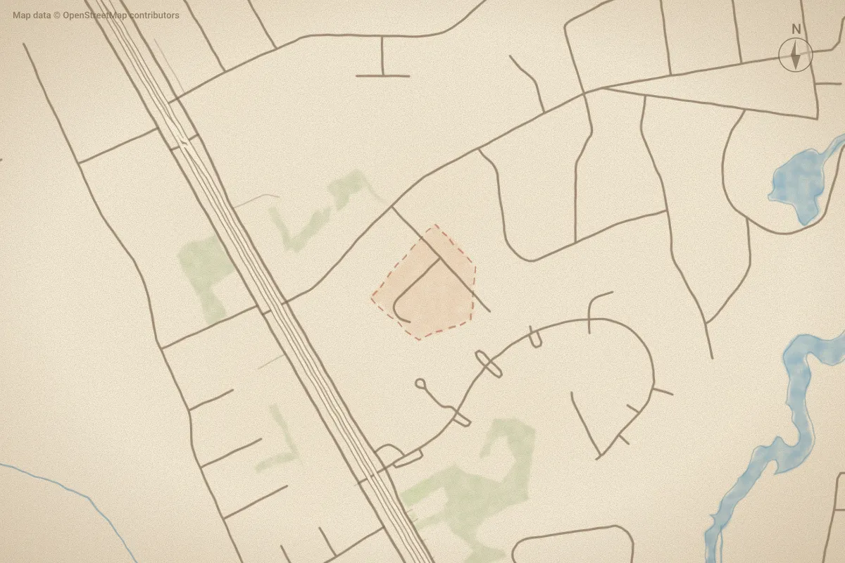 Watercolor map of Whispering Pines in Havelock, NC, showing its streets, water and surroundings