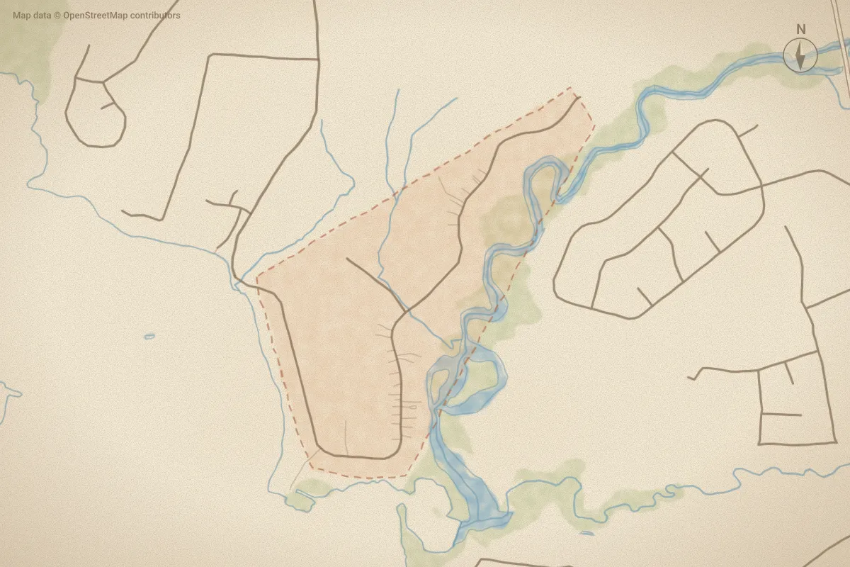 Watercolor map of White Oak Bluff in Stella, NC, showing its streets, water and surroundings