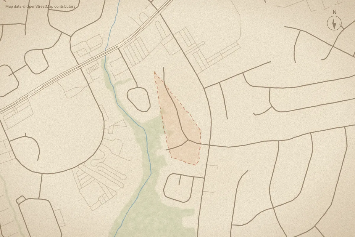 Watercolor map of Whitehall in Winterville, NC, showing its streets, water and surroundings
