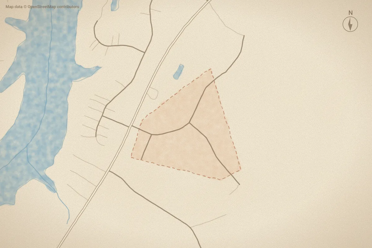 Watercolor map of Williams Farm in Rocky Mount, NC, showing its streets, water and surroundings