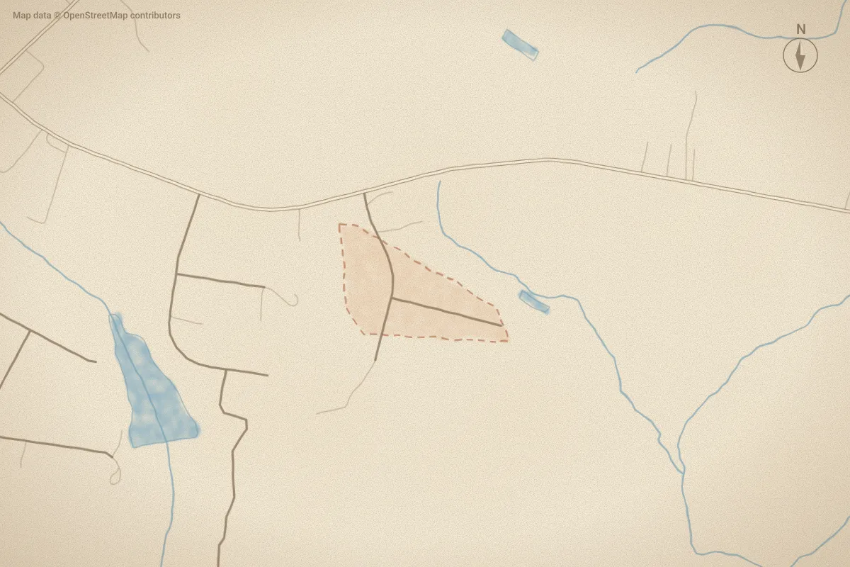 Watercolor map of Willow Oak in Nashville, NC, showing its streets, water and surroundings