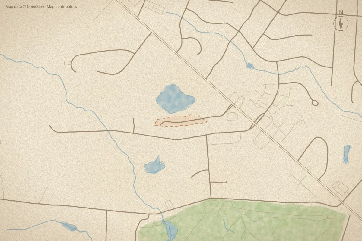 Watercolor map of Willow Run in Rocky Mount, NC, showing its streets, water and surroundings
