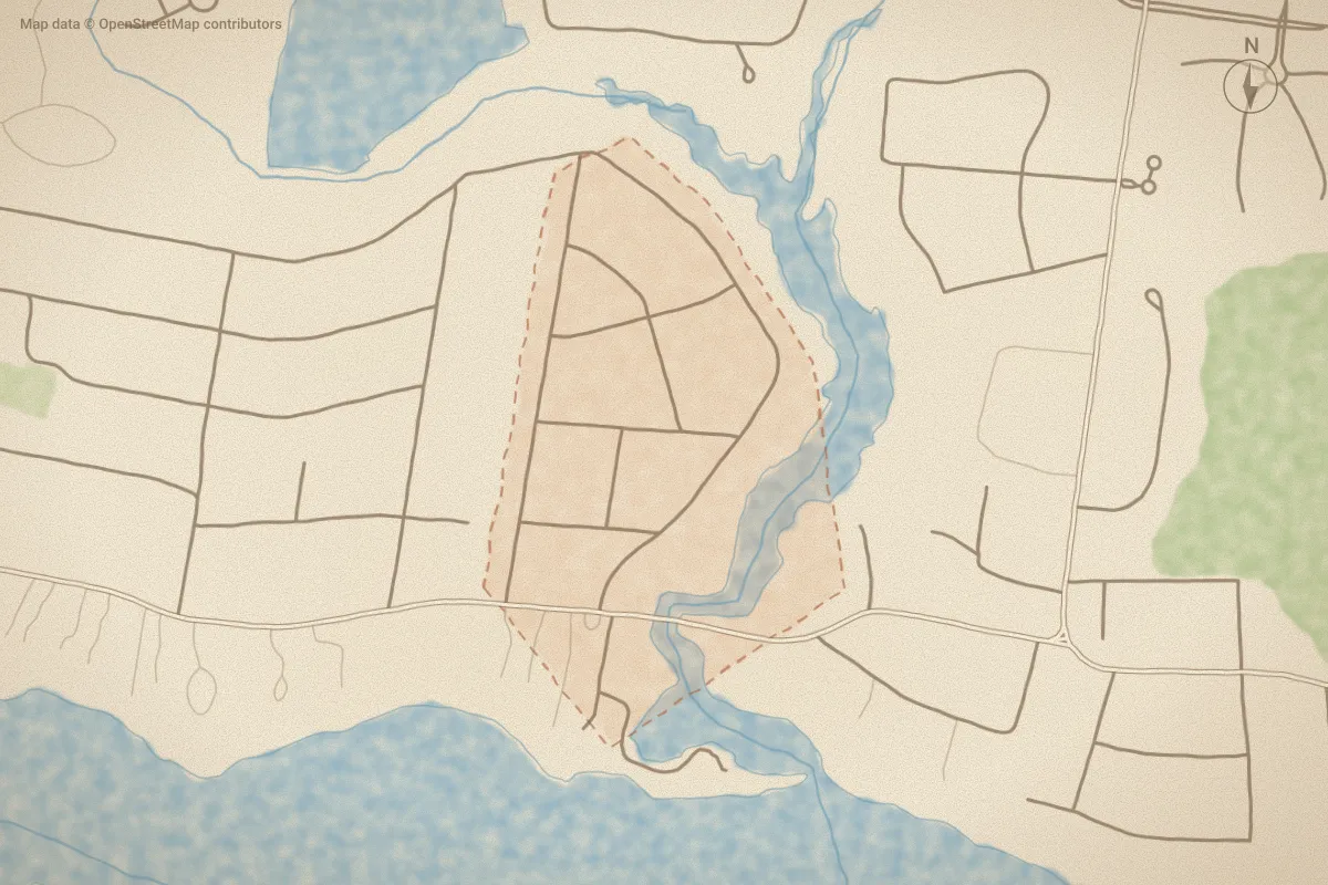 Watercolor map of Wilson Creek Heights in New Bern, NC, showing its streets, water and surroundings