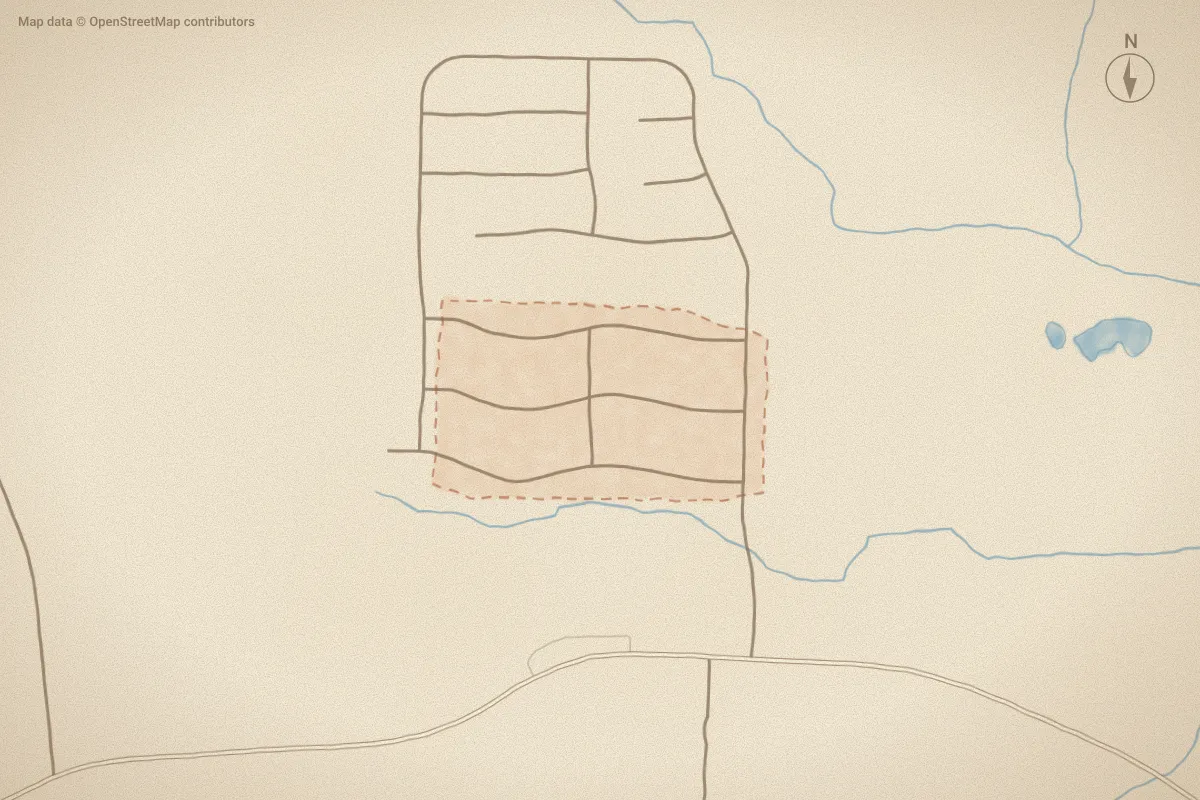 Watercolor map of Windemere in Wilson, NC, showing its streets, water and surroundings