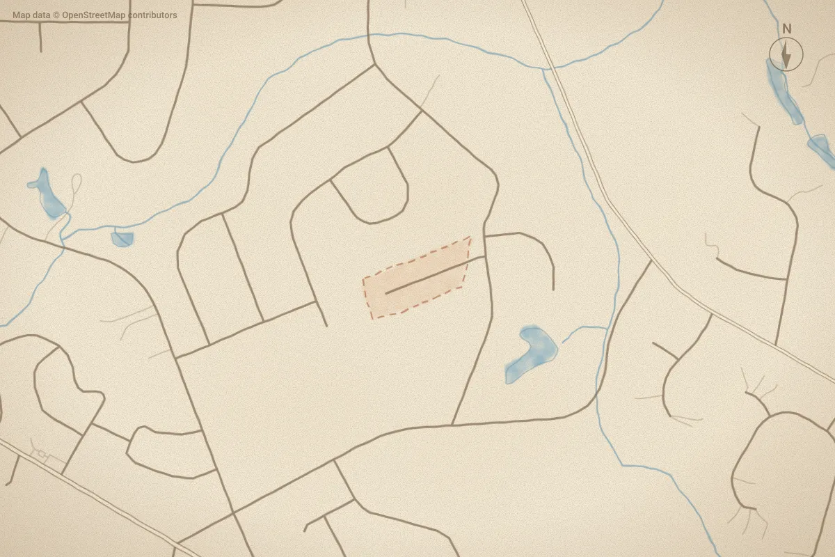 Watercolor map of Windermere West in Greenville, NC, showing its streets, water and surroundings
