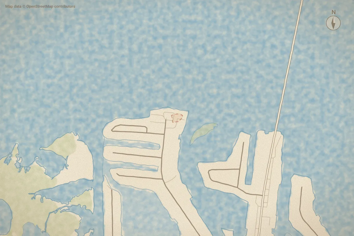 Watercolor map of Windfare Townhomes in Atlantic Beach, NC, showing its streets, water and surroundings