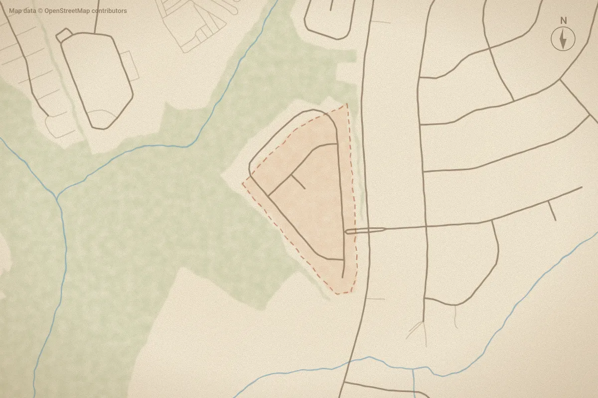 Watercolor map of Windsor Downs in Winterville, NC, showing its streets, water and surroundings