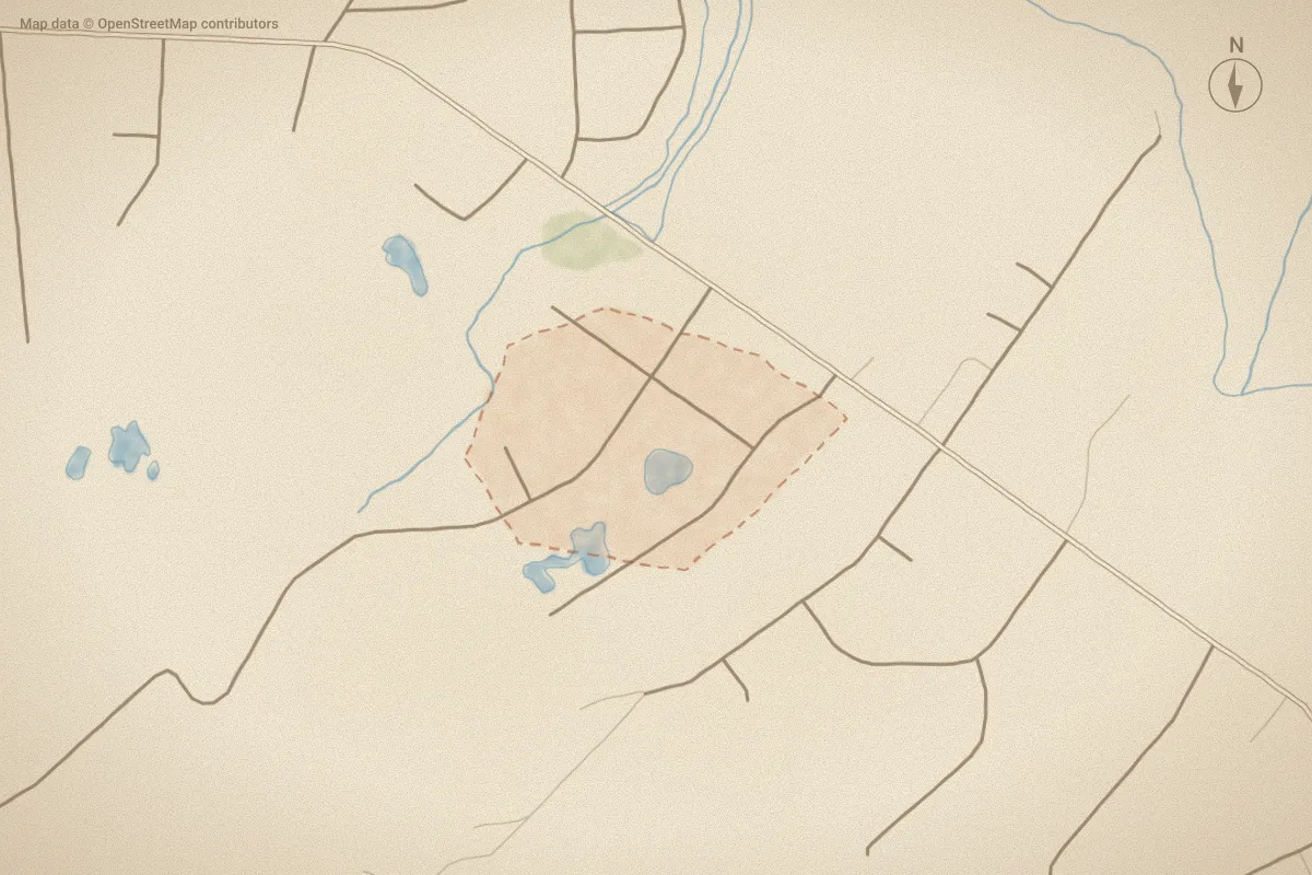 Watercolor map of Wood Crest in Newport, NC, showing its streets, water and surroundings