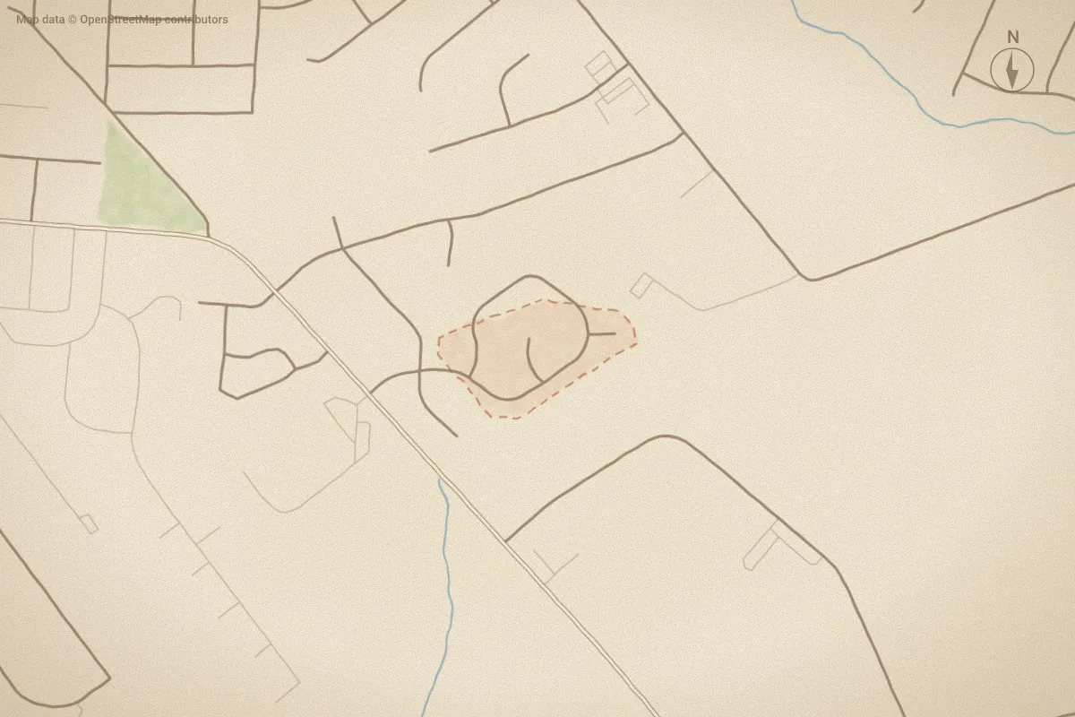 Watercolor map of Woodfield in Wilson, NC, showing its streets, water and surroundings