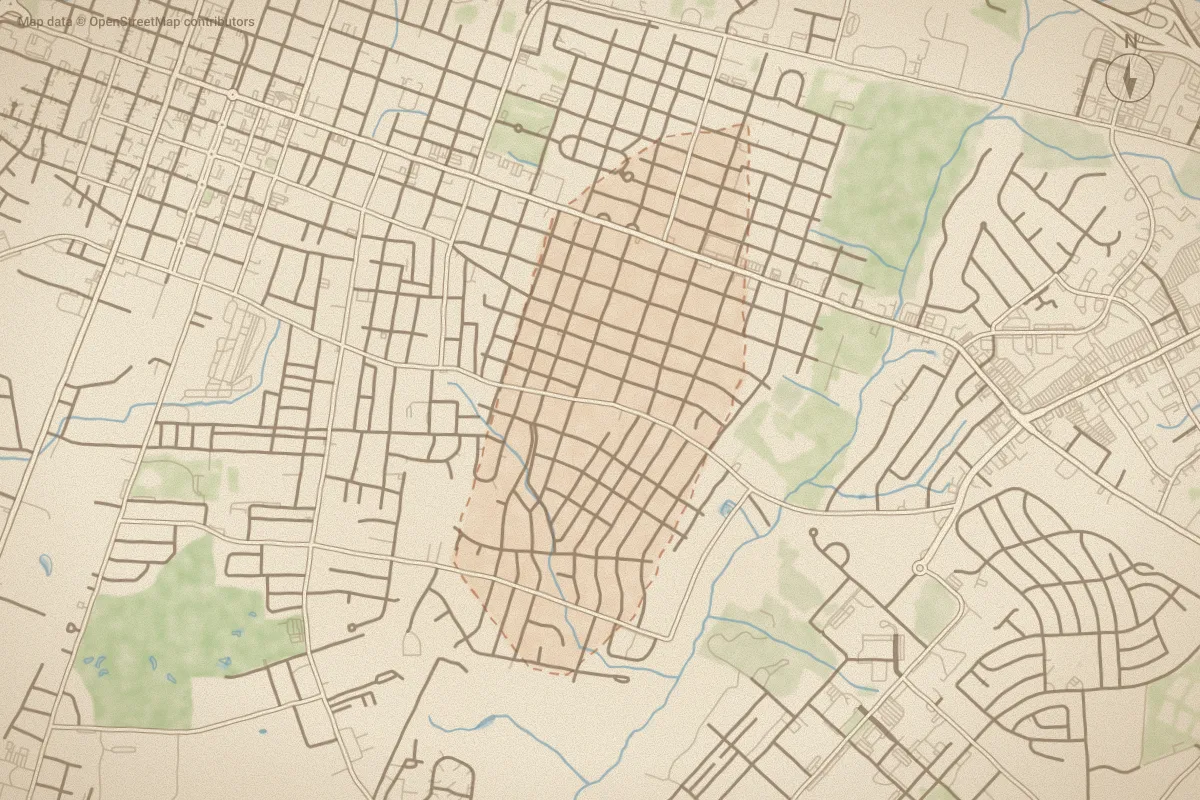 Watercolor map of Woodford in Goldsboro, NC, showing its streets, water and surroundings