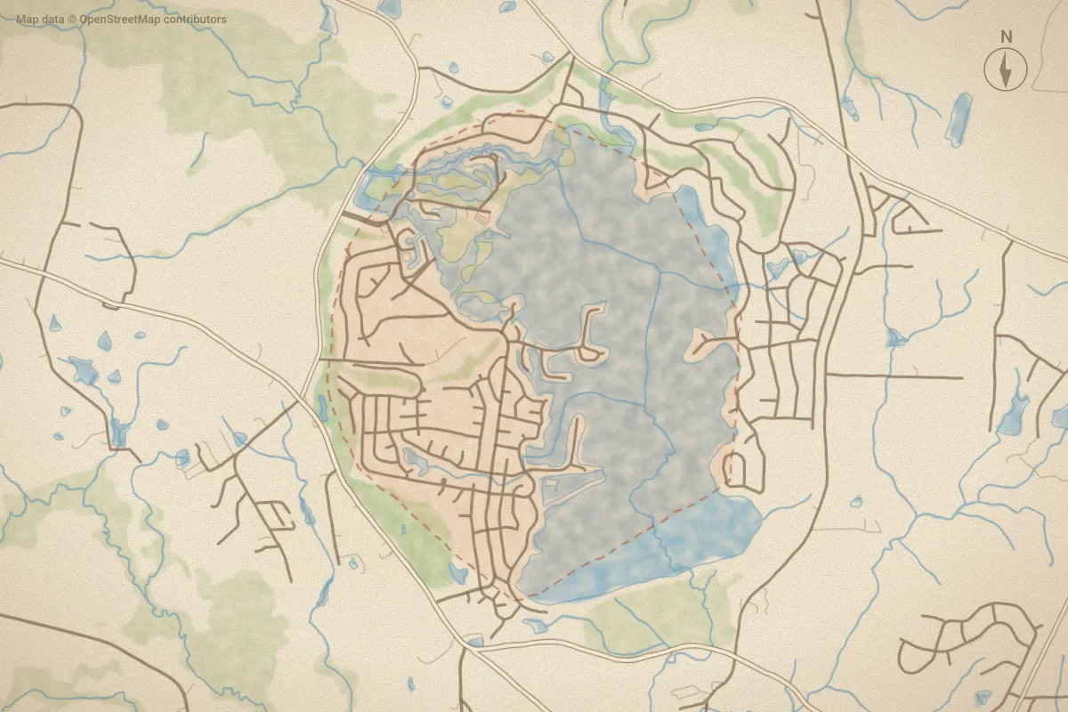 Watercolor map of Woodlake in Vass, NC, showing its streets, water and surroundings