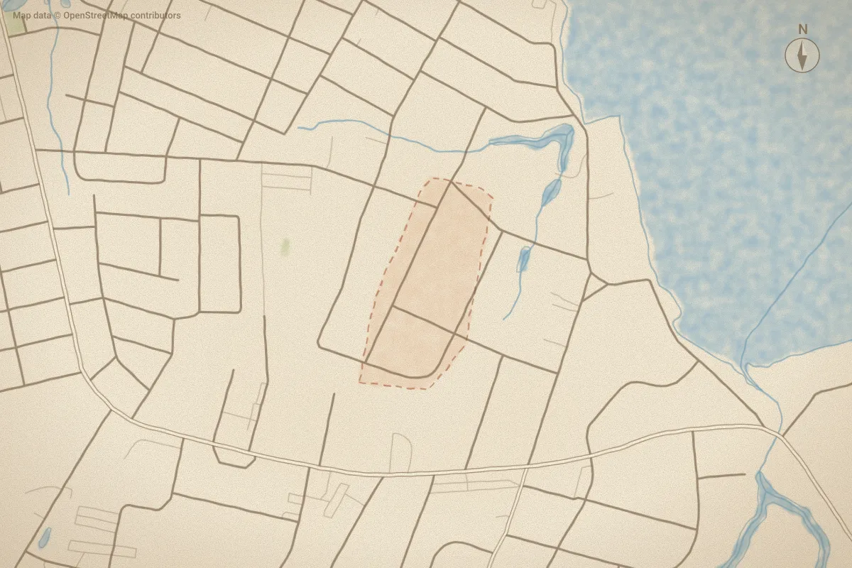 Watercolor map of Woodland Park in Elizabeth City, NC, showing its streets, water and surroundings