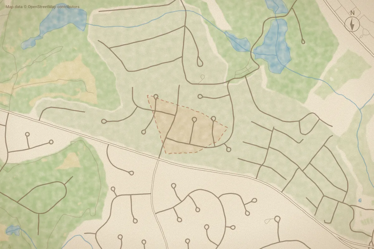 Watercolor map of Woodland in Pinehurst, NC, showing its streets, water and surroundings