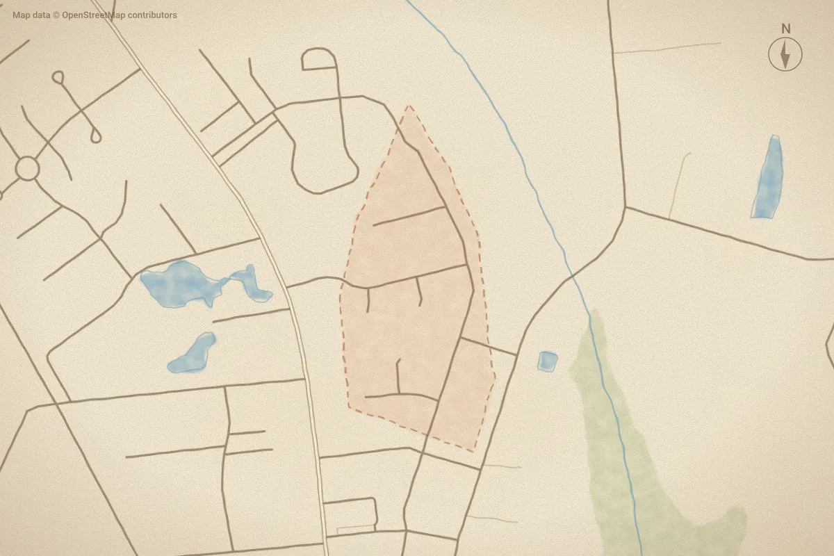 Watercolor map of Woodlands in Newport, NC, showing its streets, water and surroundings